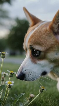 Vertical video: Sniffing corgi following offering daisy on lawn, human leaning, kissing and bonding