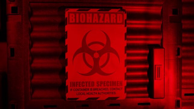 Biohazard Container In Flashing Red Light 2 Shots
