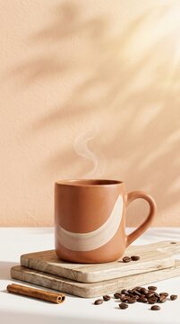 Clay Ceramic Coffee Mug Displayed on Wooden Board with Coffee Beans and Cinnamon