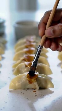 Vertical video: Dipping brush into ramekin, hand glazing row of dumplings on countertop for shine