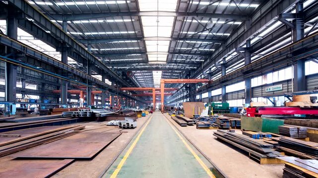 Spacious Steel Fabrication Factory Interior with Heavy Metal Plates and Overhead Crane