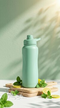 Mint Green Water Bottle Displayed on Wooden Board with Lemon Slices and Mint Leaves