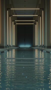 Vertical video: Rippling lap pool water responding to central jet near far door, with LED bars
