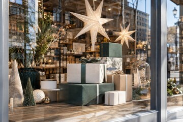 Obraz premium A colorful gift shop window filled with unbranded boxes, paper stars and layered reflections for Christmas business marketing and editorial use