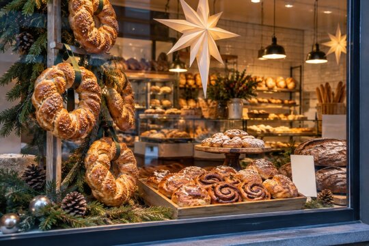 A window display of bread wreaths, pastries and paper stars with no readable branding for Christmas business marketing and editorial use