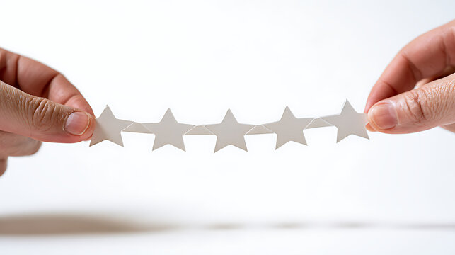 Two hands hold a paper chain of five white stars to showcase excellent rating customer feedback review success achievement and quality service