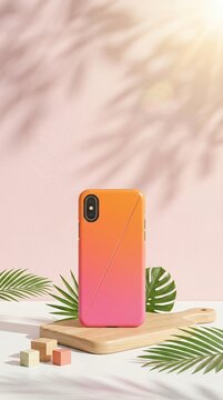 Orange and Pink Gradient Phone Case Displayed on Wooden Board with Palm Leaves