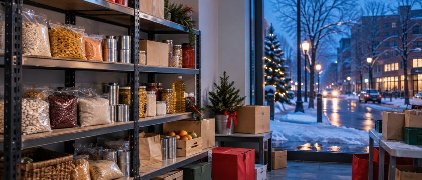 A community pantry shelf stocked with unlabeled staples and a small seasonal decoration for Christmas business marketing and editorial use