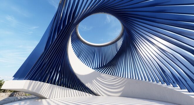 Spiral Architectural Canopy With Repeating Blue Structural Fins