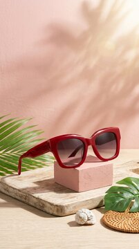 Trendy Red Frame Sunglasses Displayed on Podium with Palm Leaf Shadow