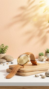 Elegant Gold Minimalist Wristwatch with Leather Strap on Wooden Board