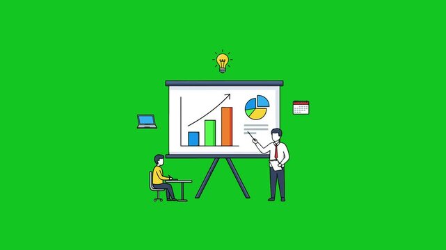 Businessman presenting financial data on green background.