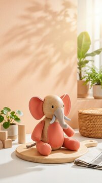 Cute Wooden Toy Elephant Displayed on Wooden Board in Warm Room