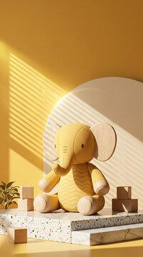 Cute Yellow Elephant Plush Toy Displayed on Terrazzo Podium in Bright Room