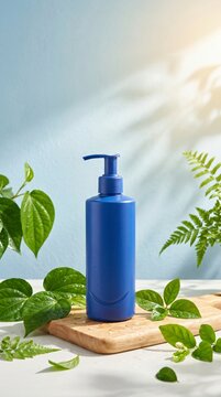 Blue Cosmetic Pump Bottle Displayed on Wooden Board with Natural Green Leaves