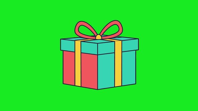 Colorful wrapped gift box with red bow ribbon.