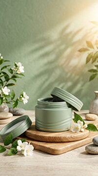 Green Cosmetic Cream Jar Displayed on Wooden Cutting Board with Jasmine Flowers
