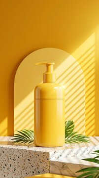 Yellow Cosmetic Dispenser Bottle Displayed on Terrazzo Podium with Leaves