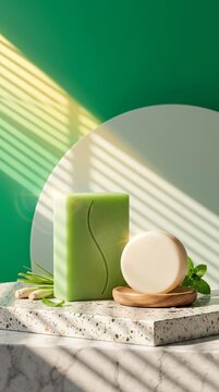 Natural Soap Bar and Lemongrass Displayed on Terrazzo Podium