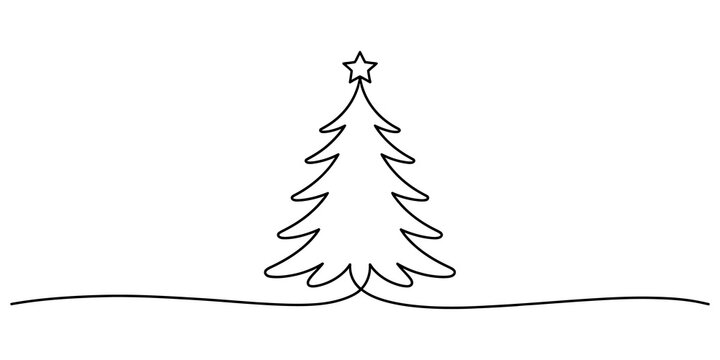 Minimalist continuous line drawing of a simple Christmas tree with a star topper for holiday season greeting cards and decorative festive graphic design isolated on transparent background, Vector
