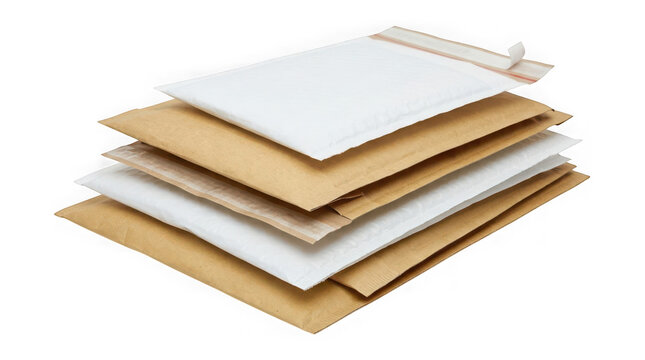 Stack of various shipping envelopes and bubble mailers isolated on transparent background