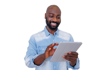 African american man smiling, using a digital tablet for communication and modern technology on transparent background © Komora