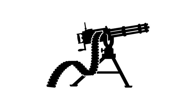 Gatling gun silhouette mounted on a tripod with ammunition belt