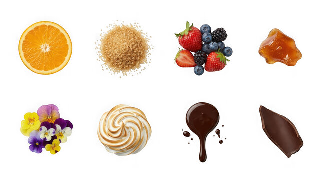 Assorted food ingredients including fruit, sugar, flowers, and chocolate isolated on transparent background