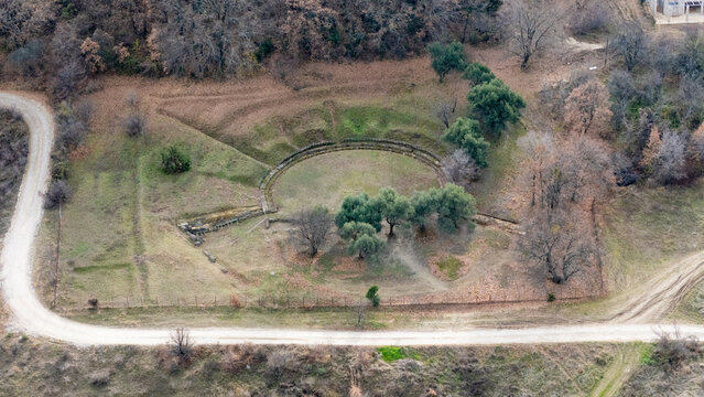Aerial view of the ancient Palace of Aigai, birthplace of Philip II and Alexander the Great, Vergina, Greece