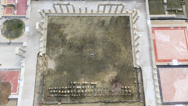 Aerial view of the ancient Palace of Aigai, birthplace of Philip II and Alexander the Great, Vergina, Greece