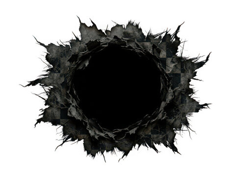 Dark grunge circular hole with torn paper edges and rough texture isolated on transparent background