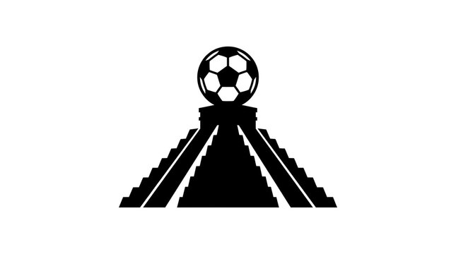 Soccer ball sitting on an ancient stepped temple silhouette
