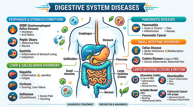 Digestive System Diseases Medical Infographic Chart, Human Anatomy Organ Vector Diagram, Gastrointestinal Health Care Poster