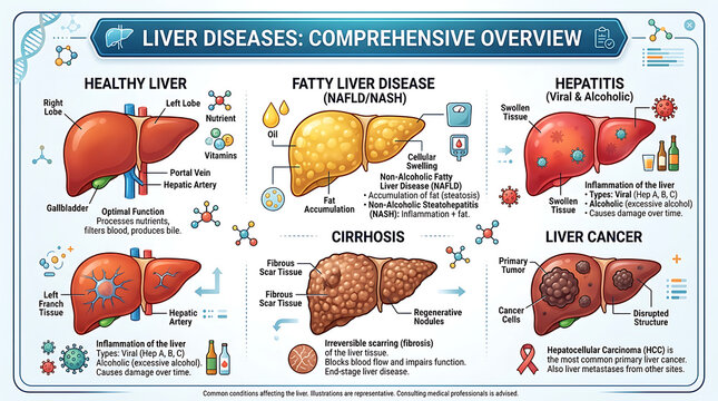 Medical infographics of liver diseases comprehensive overview, healthy liver vs fatty liver, cirrhosis and hepatitis diagram chart
