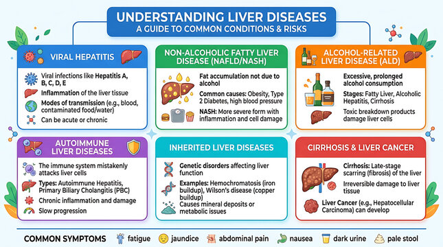 Understanding Liver Diseases Infographic Vector Layout, Medical Health Guide Chart, Hepatitis Cirrhosis NASH Care Poster