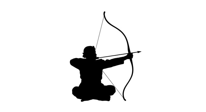Silhouette of a sitting archer aiming a bow and arrow