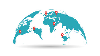 Curved teal world map globe with red location pins over Europe, Middle East and Africa on white background © arsalan