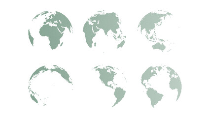 Six green dotted world globe icons showing different rotations and continents on white background © arsalan