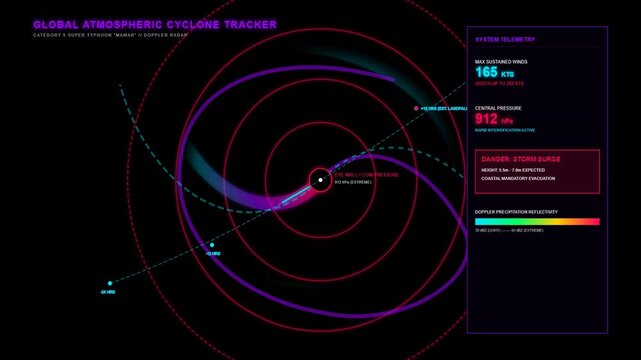 Digital Super Typhoon Cyclone Tracking Map with Atmospheric Data Visualization and Storm Telemetry