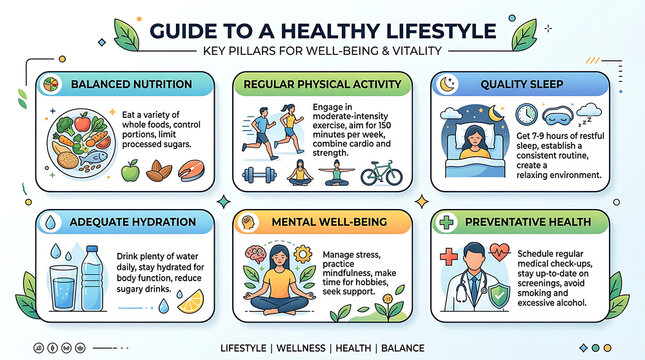 Healthy lifestyle guide infographic poster, wellness and vitality pillars, healthcare educational vector template