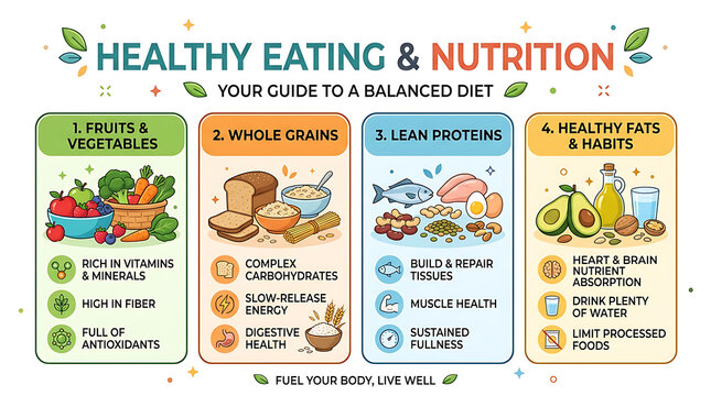 Healthy eating and nutrition guide graphic, balanced diet infographic, food groups illustration poster
