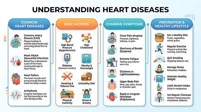 Understanding Heart Diseases Infographic, Medical Health Awareness Poster, Cardiovascular Risk Factors Diagram
