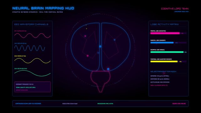 Futuristic Digital Brain Mapping HUD Interface with EEG Waveform Analysis and Neural Data Visualization