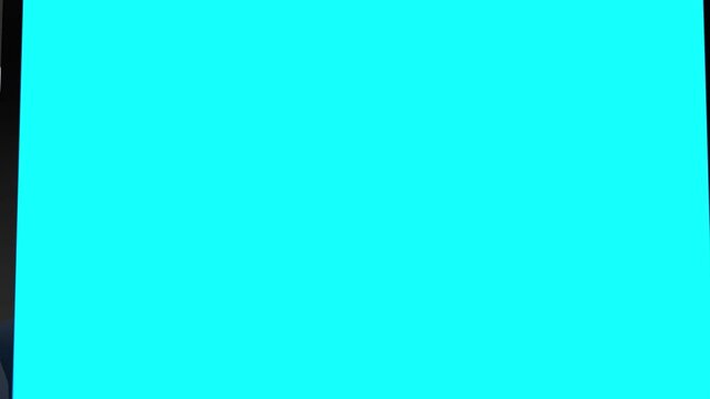 The camera zooms in on the blue screen of a laptop being opened in the hands of a small white robot with blue graphics, seen from the front. Sequence with alpha channel. 3D Animation