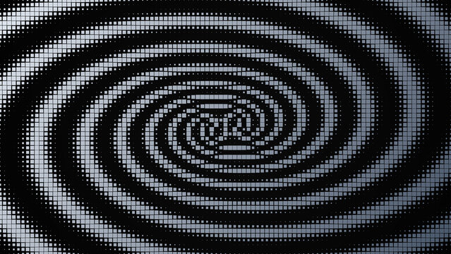 Abstract background, with a repeating, pattern of small, glowing silver squares, arranged in a, spiral vortex shape, on a dark, black background isolated on a transparent background