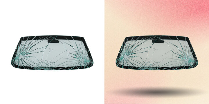 Broken car windshield with spiderweb glass cracks for auto repair design.