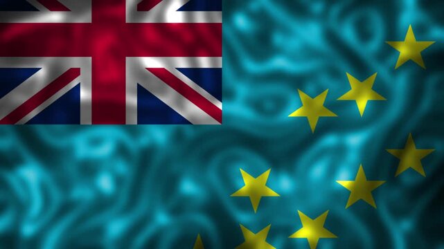 Waving flag of tuvalu, a pacific island nation, featuring the union jack and nine yellow stars on a blue field