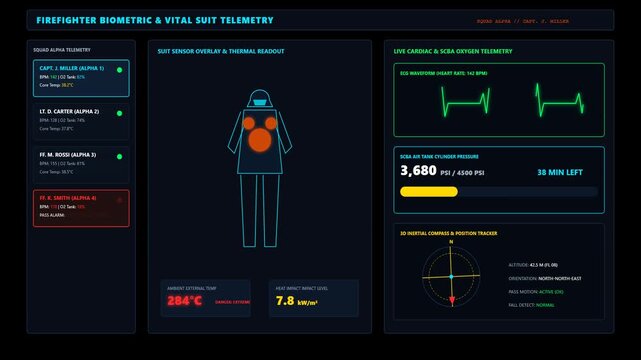 Futuristic Firefighter Biometric Vital Suit Telemetry Monitoring Interface Display for Rescue Ops