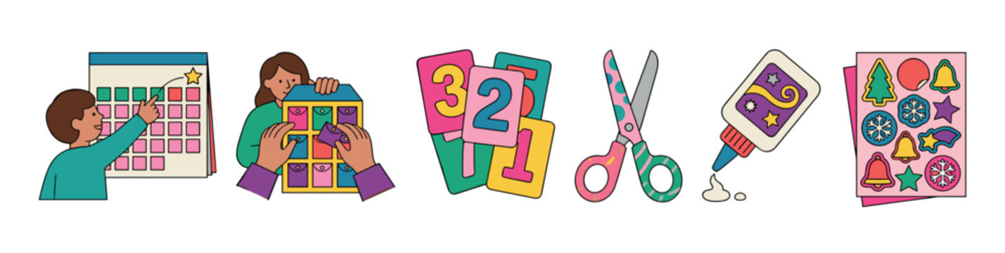 Colorful illustrations depicting various craft supplies, learning tools, and holiday preparation elements for creative projects and educational activities.
