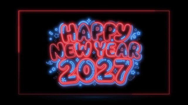 Happy new year 2027 neon sign style text design with glowing red and blue light effects on black background